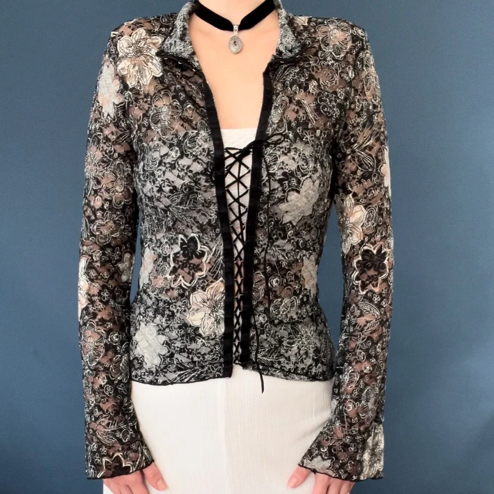 Vintage Charlotte Russe lace up floral lace bell sleeve top - Picture 8 of 14